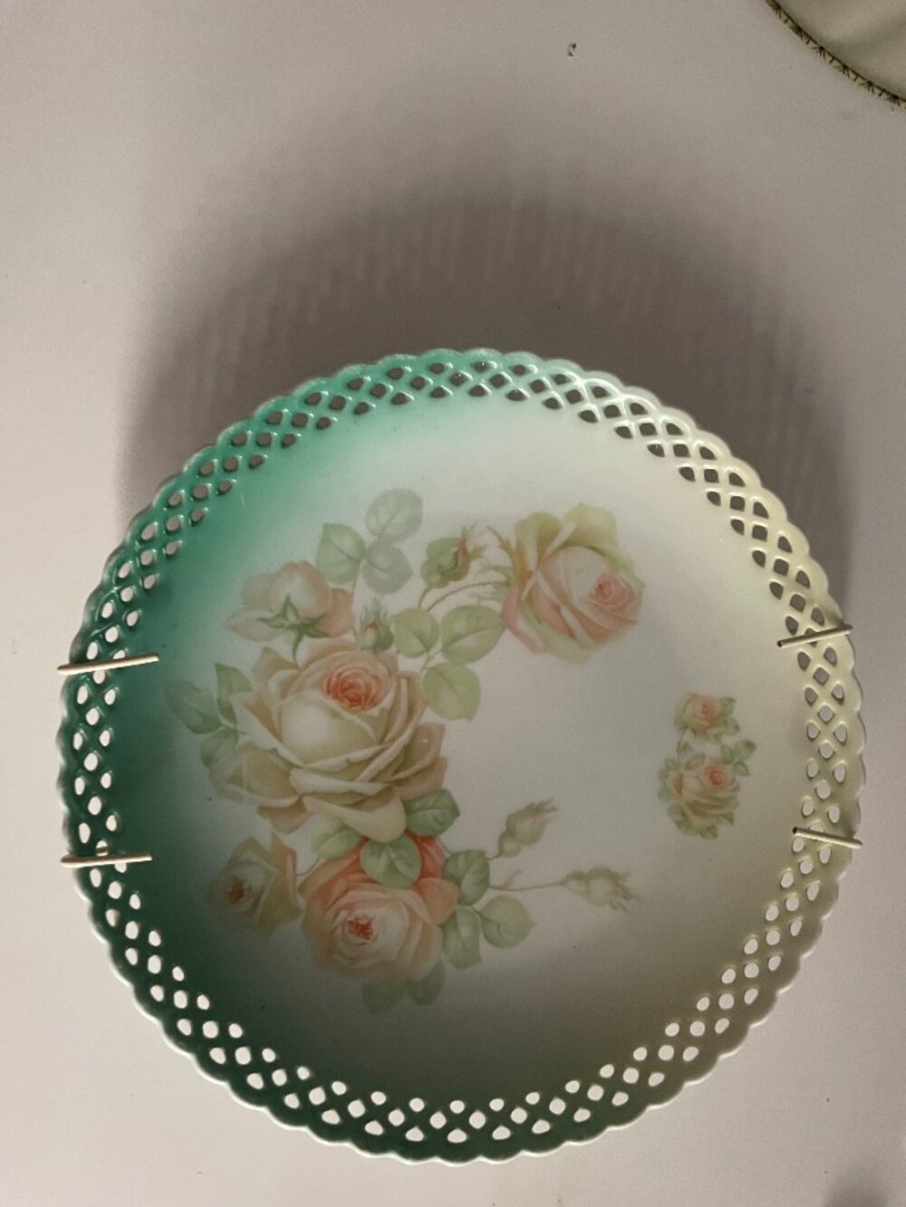 Vintage Schumann Bavaria Reticulated Plate Hand Painted Roses  9.25" wall decor